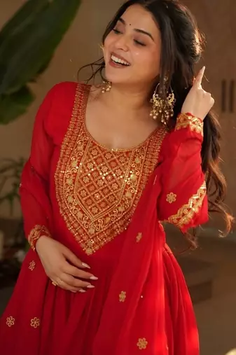 Red zari & sequins embroidered work georgette stitched kurta & dupatta set
