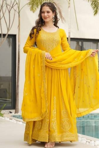 Yellow zari & sequins embroidered work georgette stitched kurta & dupatta set