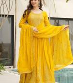 Yellow zari & sequins embroidered georgette kurta & dupatta set