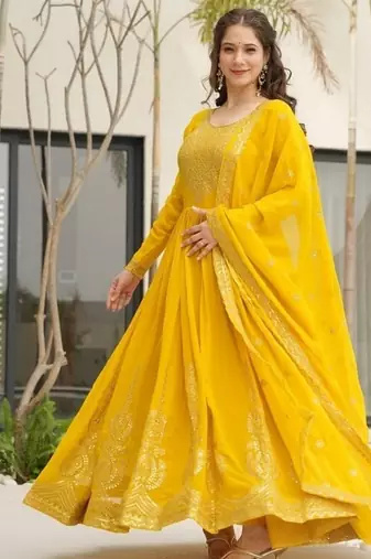Yellow zari & sequins embroidered georgette kurta & dupatta set