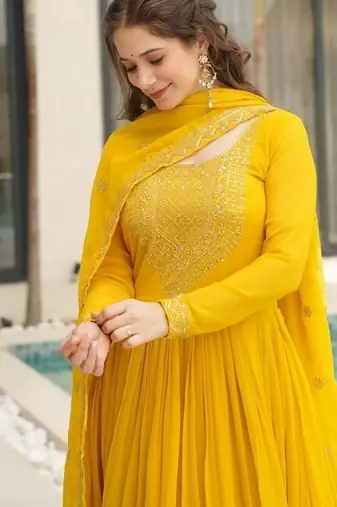 Yellow zari & sequins embroidered georgette kurta & dupatta set