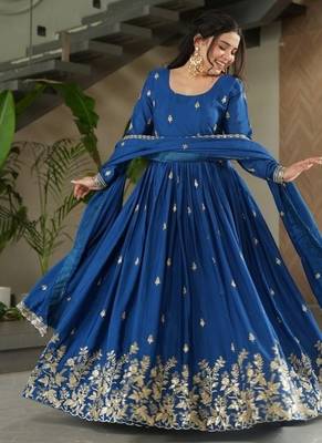 Blue zari & sequins embroidered work chinnon stitched kurta & dupatta set 1