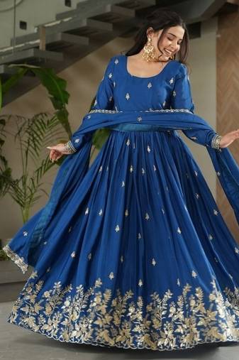 Blue zari & sequins embroidered work chinnon stitched kurta & dupatta set