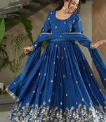 Blue zari & sequins embroidered work chinnon stitched kurta & dupatta set