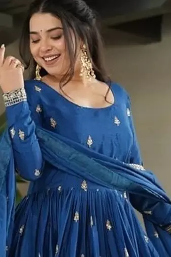 Blue zari & sequins embroidered work chinnon stitched kurta & dupatta set