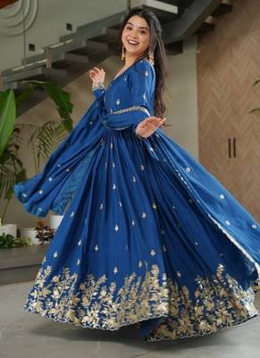 Blue zari & sequins embroidered work chinnon stitched kurta & dupatta set 3