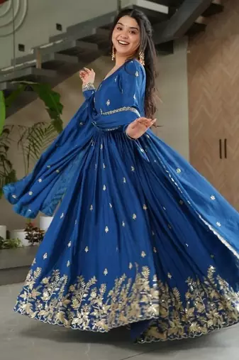 Blue zari & sequins embroidered work chinnon stitched kurta & dupatta set