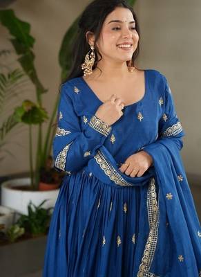 Blue zari & sequins embroidered work chinnon stitched kurta & dupatta set 4