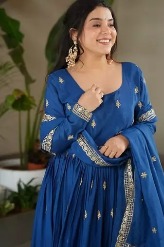Blue zari & sequins embroidered work chinnon stitched kurta & dupatta set