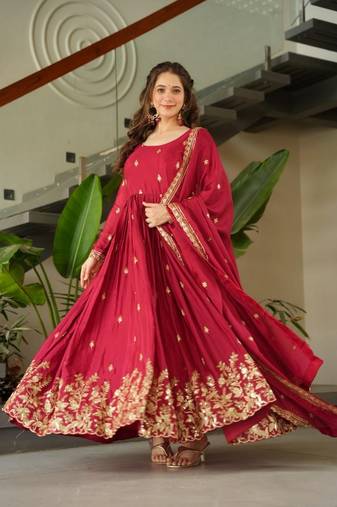 Maroon zari & sequins embroidered work chinnon stitched kurta & dupatta set