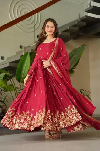 Maroon zari & sequins embroidered work chinnon stitched kurta & dupatta set