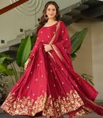 Maroon zari & sequins embroidered chinnon kurta & dupatta set