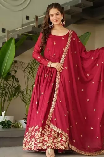 Maroon zari & sequins embroidered chinnon kurta & dupatta set