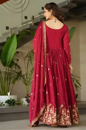Maroon zari & sequins embroidered chinnon kurta & dupatta set