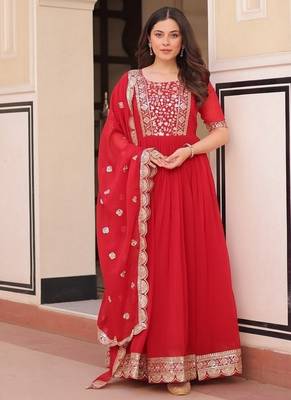 Red zari & sequins embroidered work georgette stitched kurta & dupatta set 1