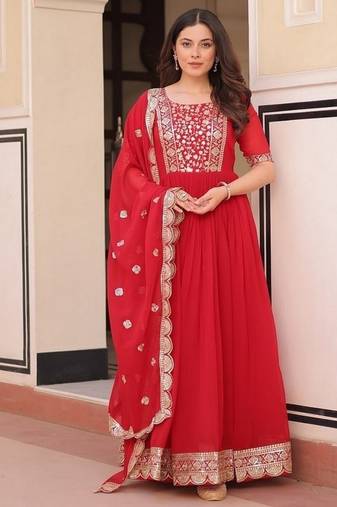 Red zari & sequins embroidered work georgette stitched kurta & dupatta set