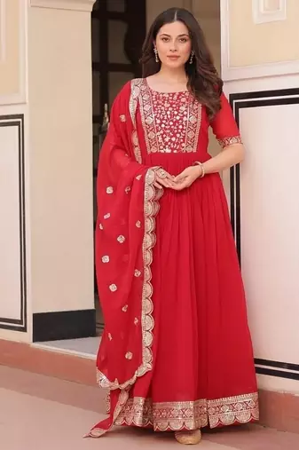 Red zari & sequins embroidered work georgette stitched kurta & dupatta set