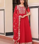 Red zari & sequins embroidered work georgette stitched kurta & dupatta set