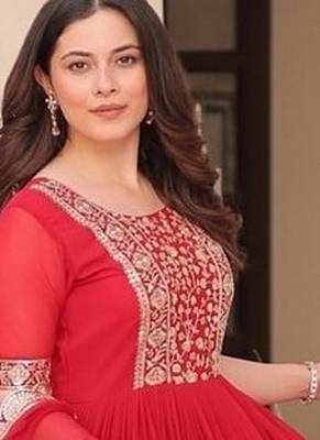 Red zari & sequins embroidered work georgette stitched kurta & dupatta set 2