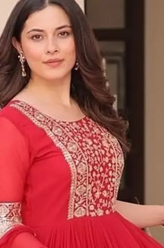 Red zari & sequins embroidered work georgette stitched kurta & dupatta set