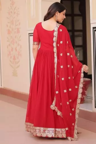 Red zari & sequins embroidered work georgette stitched kurta & dupatta set