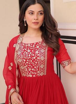 Red zari & sequins embroidered work georgette stitched kurta & dupatta set 4