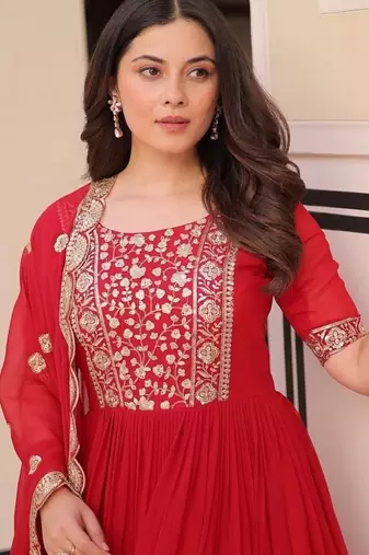 Red zari & sequins embroidered work georgette stitched kurta & dupatta set