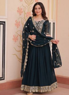 Teal zari & sequins embroidered georgette kurta & dupatta set 1