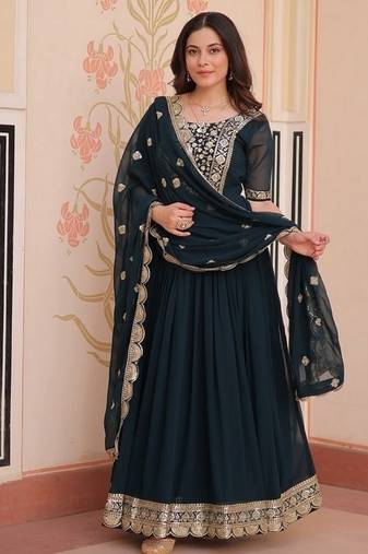 Teal zari & sequins embroidered work georgette stitched kurta & dupatta set