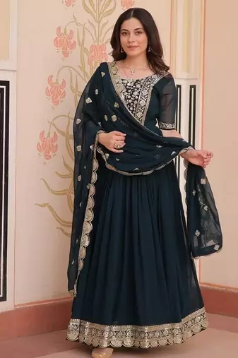 Teal zari & sequins embroidered work georgette stitched kurta & dupatta set