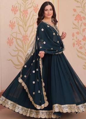 Teal zari & sequins embroidered georgette kurta & dupatta set 2