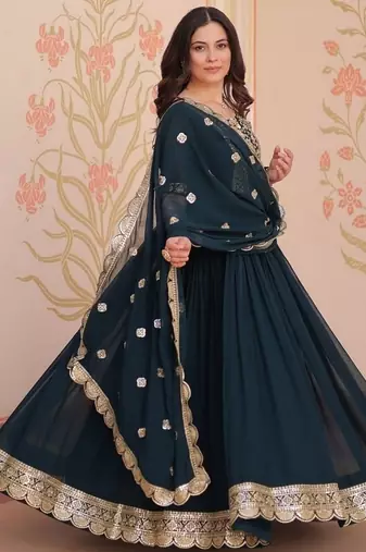 Teal zari & sequins embroidered georgette kurta & dupatta set