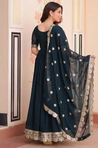 Teal zari & sequins embroidered georgette kurta & dupatta set
