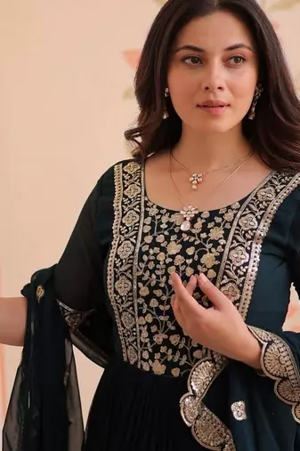 Teal zari & sequins embroidered georgette kurta & dupatta set