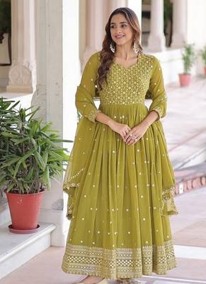 Green zari & sequins embroidered work georgette stitched kurta & dupatta set 1