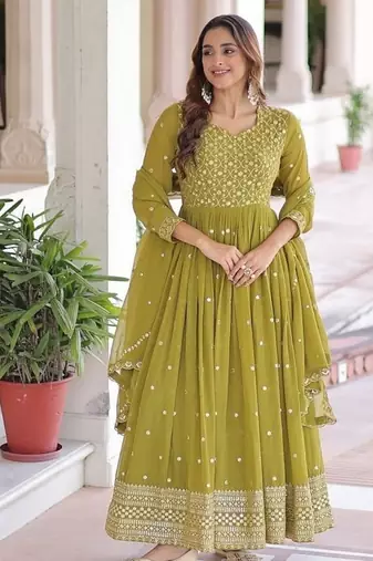 Green zari & sequins embroidered work georgette stitched kurta & dupatta set
