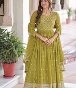Green zari & sequins embroidered work georgette stitched kurta & dupatta set