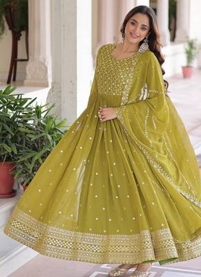 Green zari & sequins embroidered work georgette stitched kurta & dupatta set 2