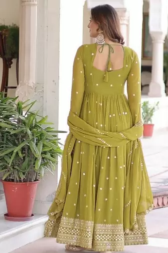 Green zari & sequins embroidered work georgette stitched kurta & dupatta set