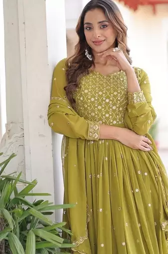 Green zari & sequins embroidered work georgette stitched kurta & dupatta set