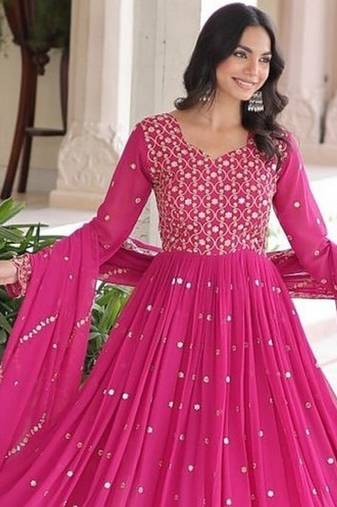 Pink zari & sequins embroidered work georgette stitched kurta & dupatta set