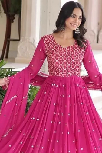 Pink zari & sequins embroidered work georgette stitched kurta & dupatta set