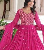 Pink zari & sequins embroidered work georgette stitched kurta & dupatta set