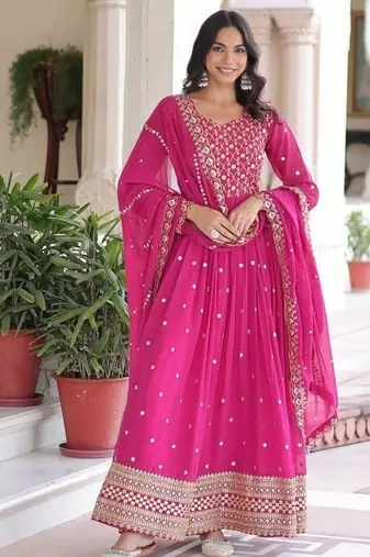 Pink zari & sequins embroidered georgette kurta & dupatta set