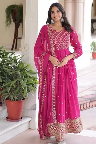 Pink zari & sequins embroidered georgette kurta & dupatta set