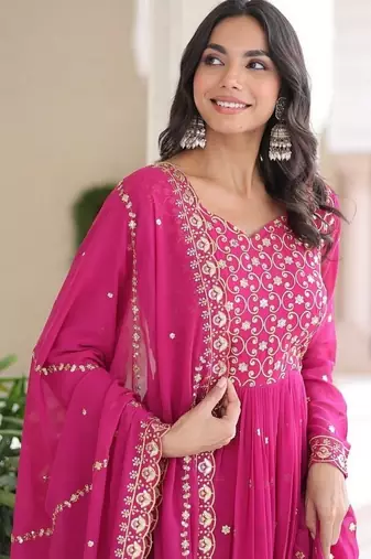 Pink zari & sequins embroidered georgette kurta & dupatta set