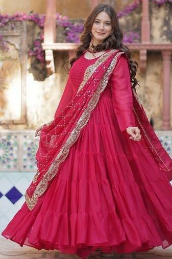 Pink zari & sequins embroidered work georgette stitched kurta & dupatta set