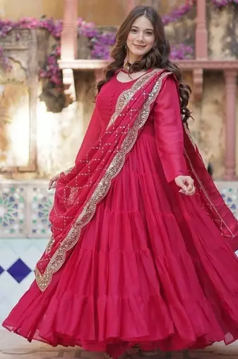 Pink zari & sequins embroidered work georgette stitched kurta & dupatta set