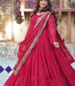 Pink zari & sequins embroidered work georgette stitched kurta & dupatta set