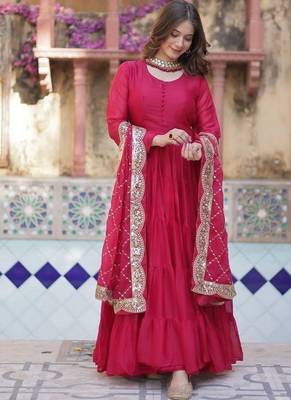 Pink zari & sequins embroidered georgette kurta & dupatta set 2